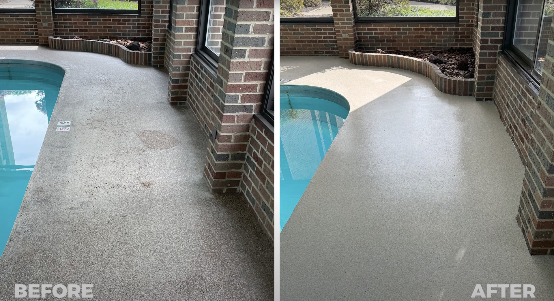 Pool deck concrete resurfacing before and after transformation Before and after concrete resurfacing around swimming pool showing dramatic improvement in Waterbury Connecticut